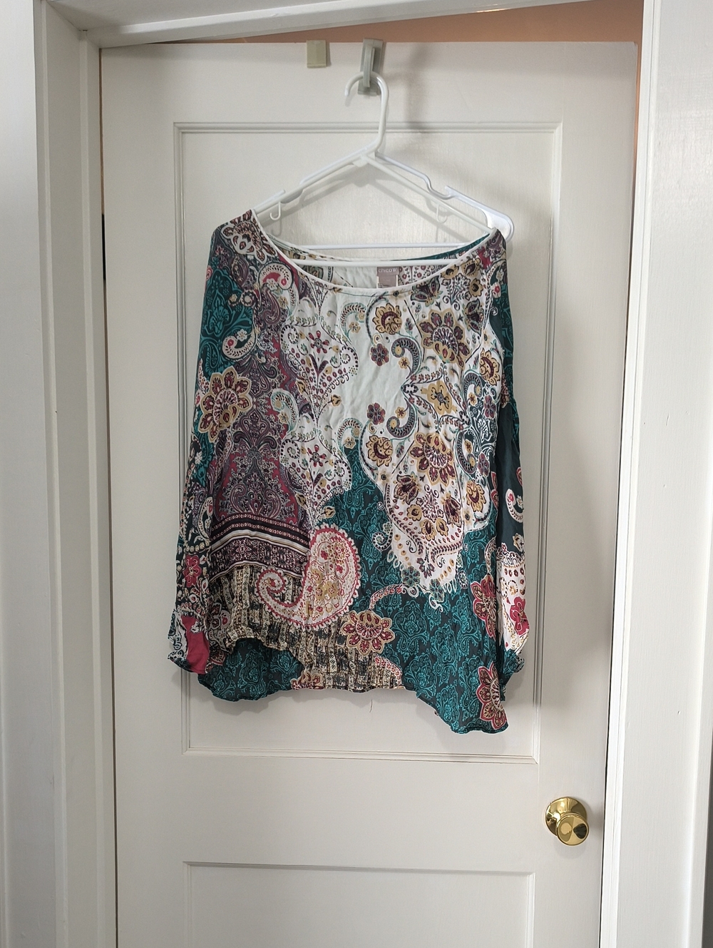Chico's Paisley Boho Style Tunic in Teal, Cream, Burgundy